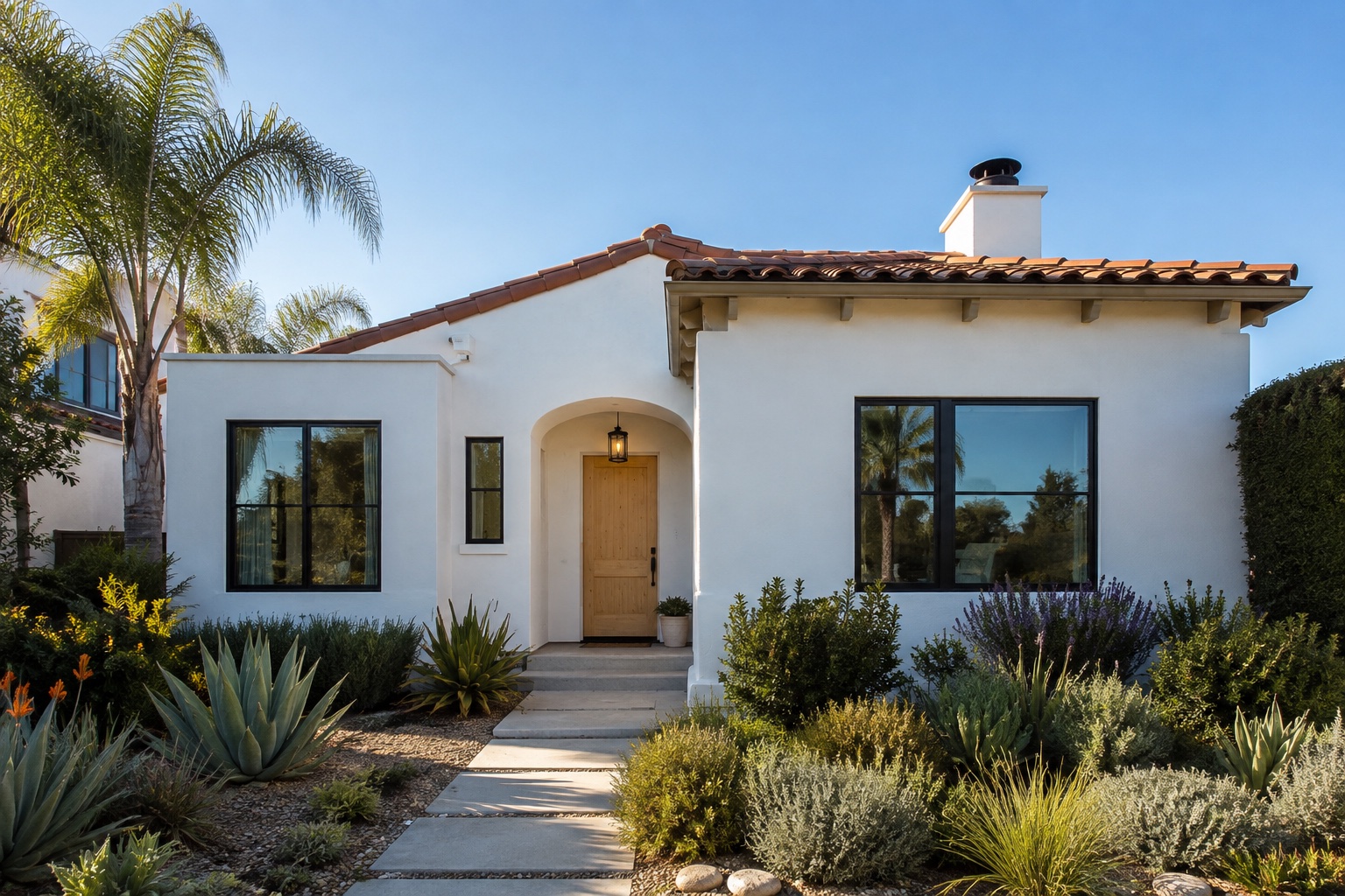 A bright contemporary Southern California home with an oak front door and native landscaping